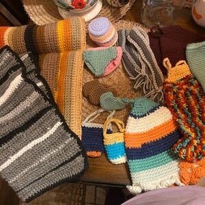 Homemade crocheted doll clothing and accessories